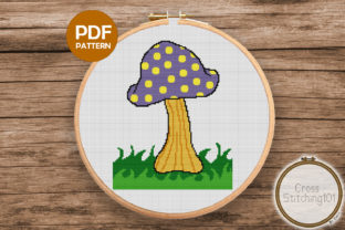 Charming Mushroom on Grass Modern Cross Stitch